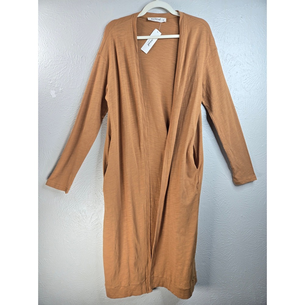 Three Bird Nest Duster Cardigan XL Camel Brown Cotton Open Front Long Sleeve NEW